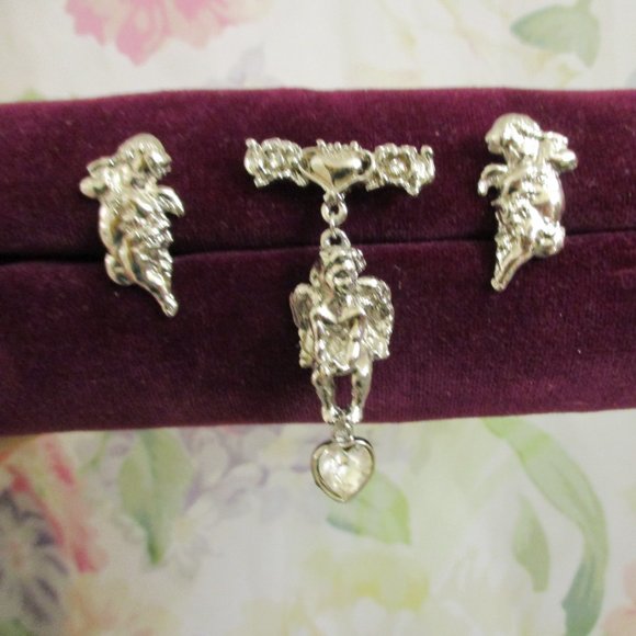 KIRK'S FOLLY Cherub Floral Heart Jewelry Set ~ Vintage Winged Cherub Set - Picture 11 of 14
